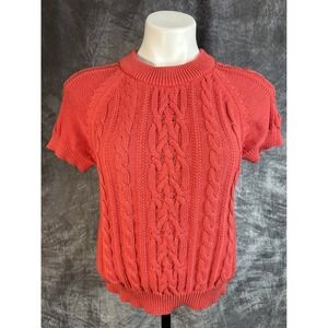 Heavy Seaside 100% Cotton Crop Cable-knit Sweater Womens Med Coral Short Sleeve